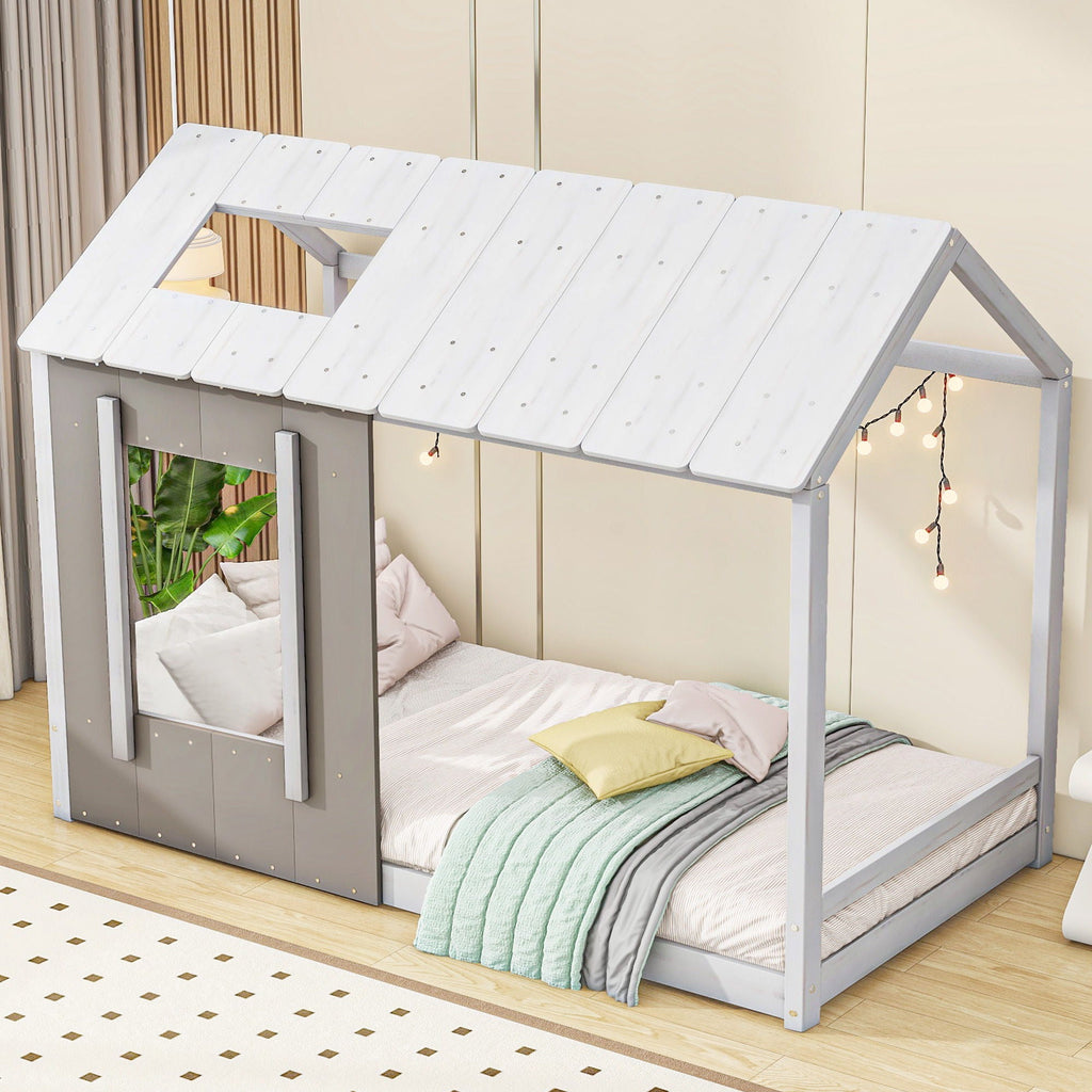 Twin Size House Platform Bed With Roof And Window - Natural / White