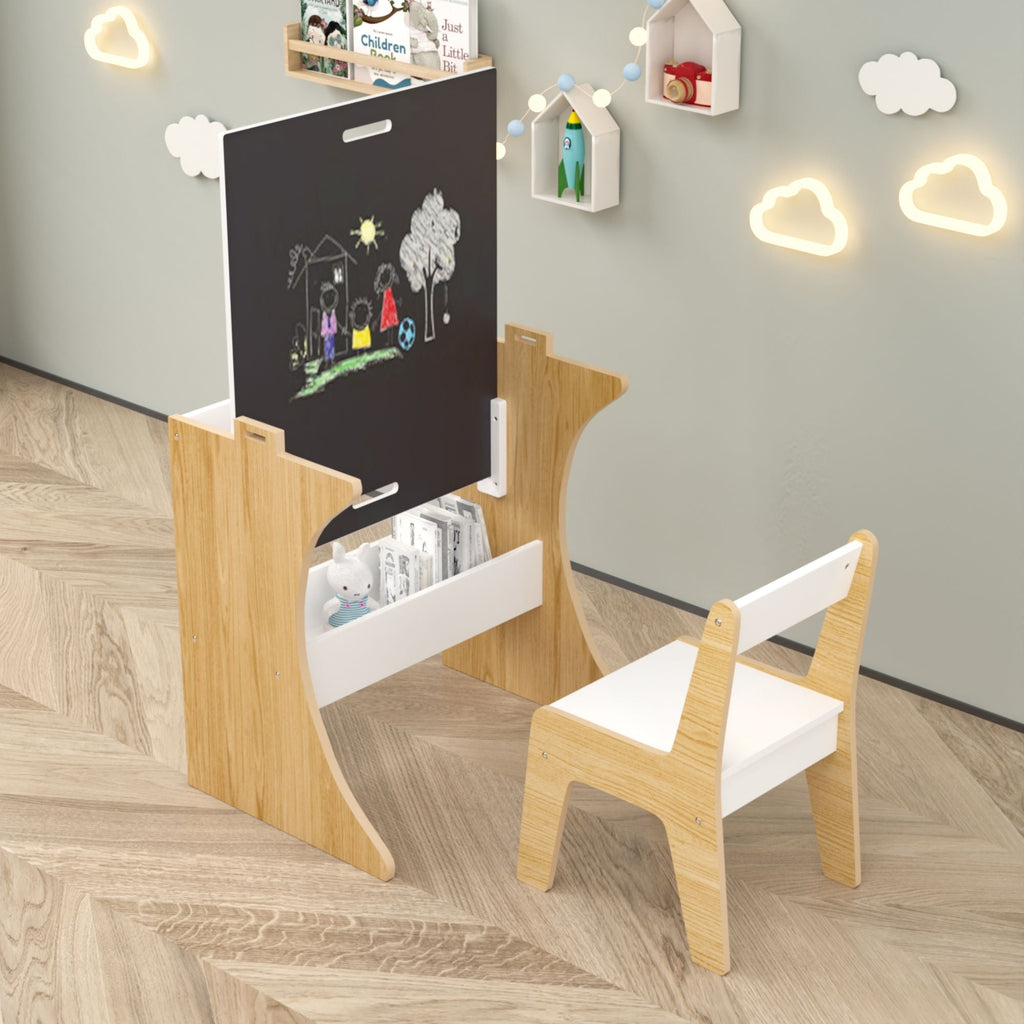 Table Set With 1 Chair, Multifunctional Study Table Convertible Top for Study, Drawing & Play - White