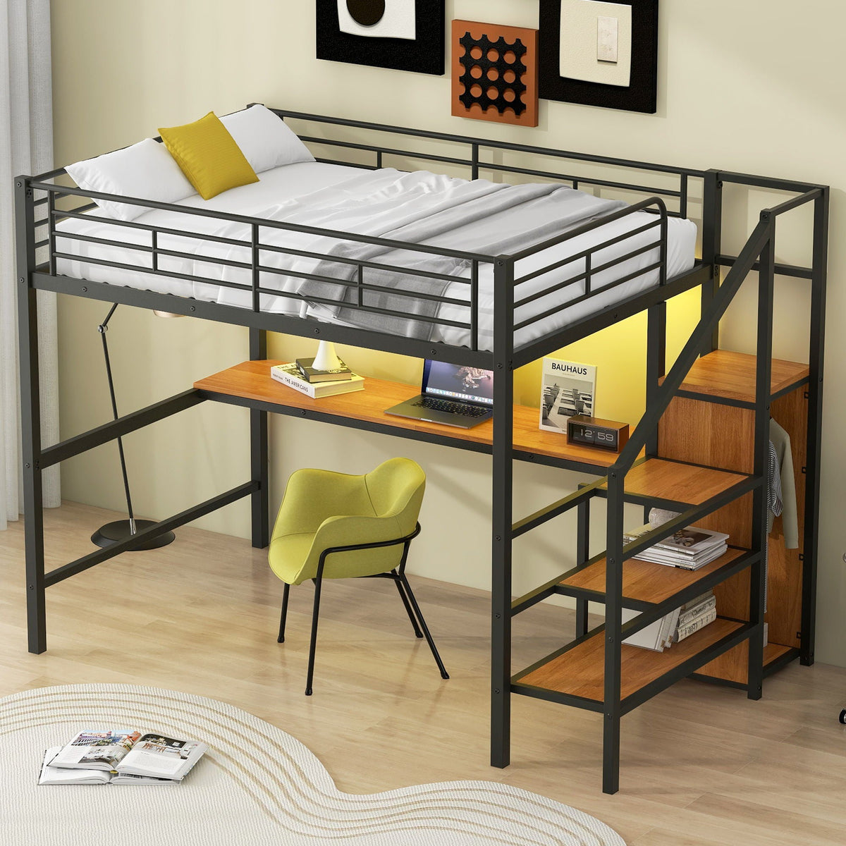 Loft Bed With Desk, Storage Staircase, Small Wardrobe And LED Light