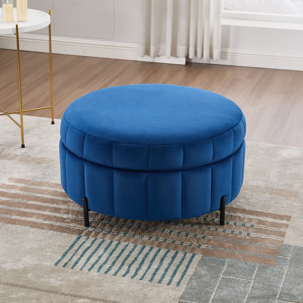 Upholstered Round Ottoman With Reversible Lid, Channel Tufted Pumpkin Shape