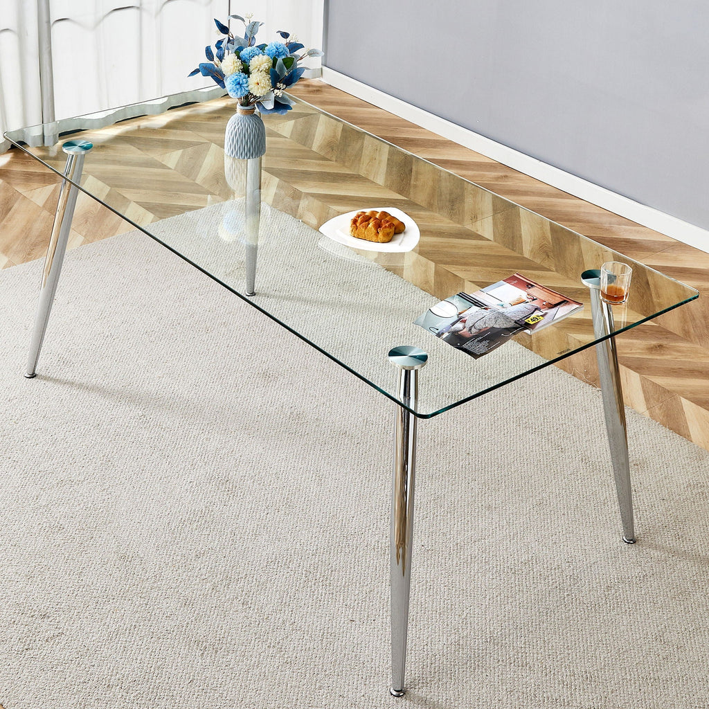 Modern Rectangular Glass Dining Table For 4-6 People With Tempered Glass Countertop