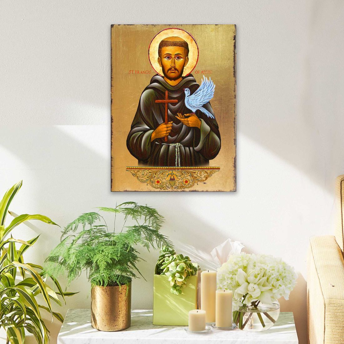 Saint Francis Wooden Gold Plated Religious Christian Sacred Icon - Inspirational Icon Decor - 85024