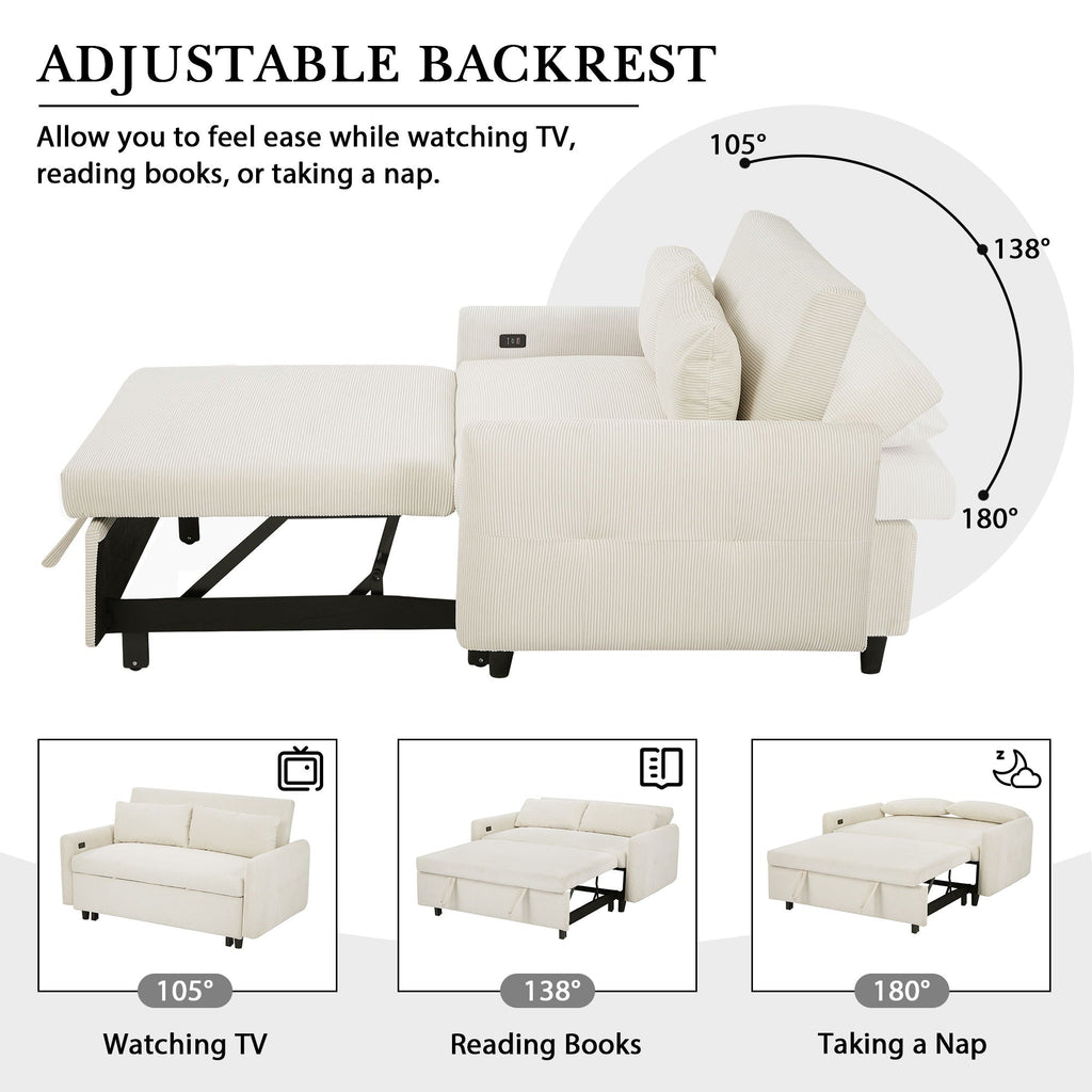 Pull-Out 2 Seat Modern Sleeper Sofa With 2 Throw Pillows And USB Ports