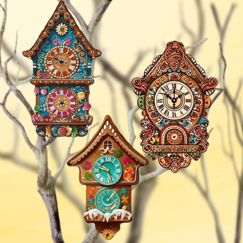 Miniature clock Clip-On Eco Wood Decorative Ornaments Set of 3 by G. Debrekht - Christmas Decor - 8091020C-S3