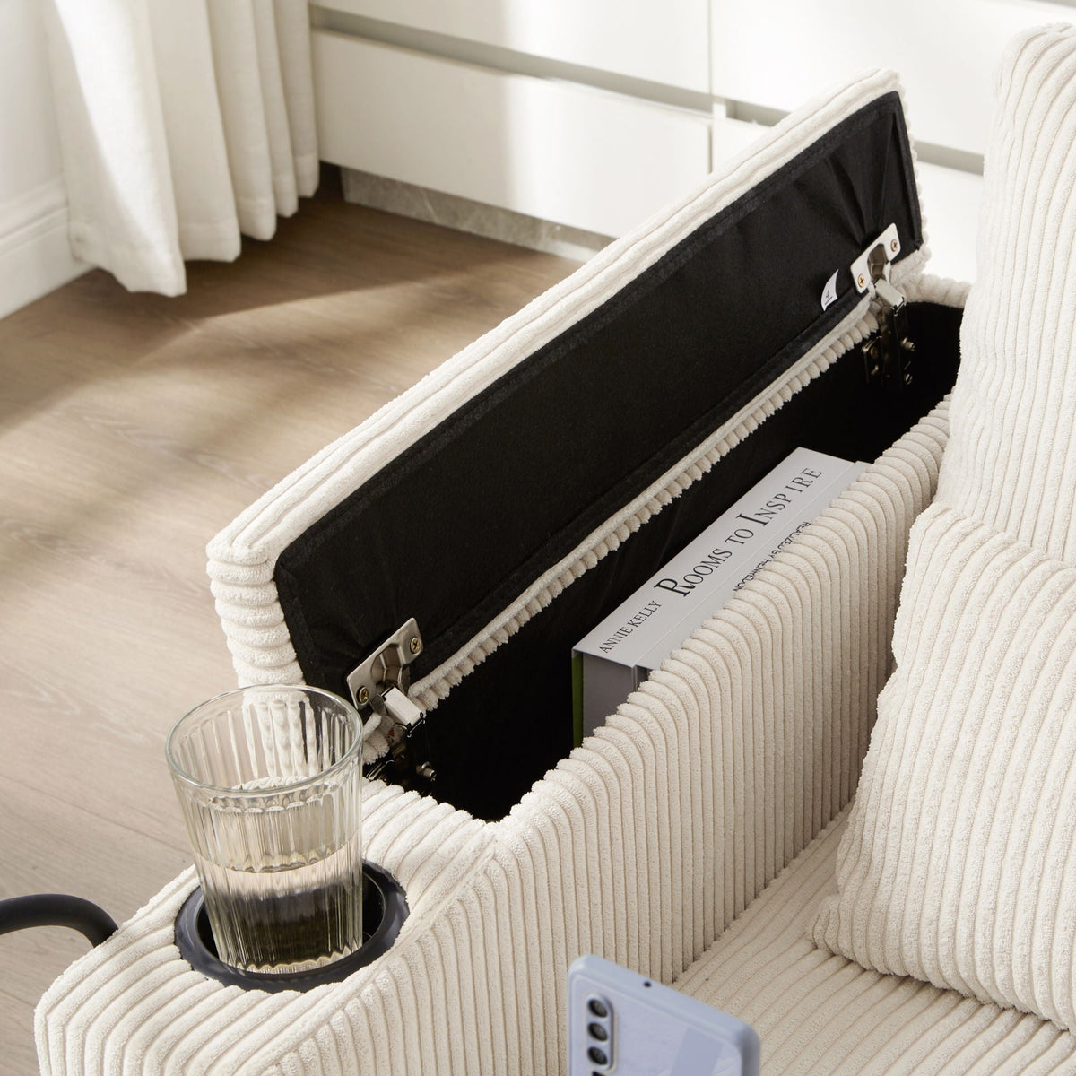 Convertible Chaise Lounge Sofa Chair With USB Ports, Cup Holders, Phone Holder And Storage