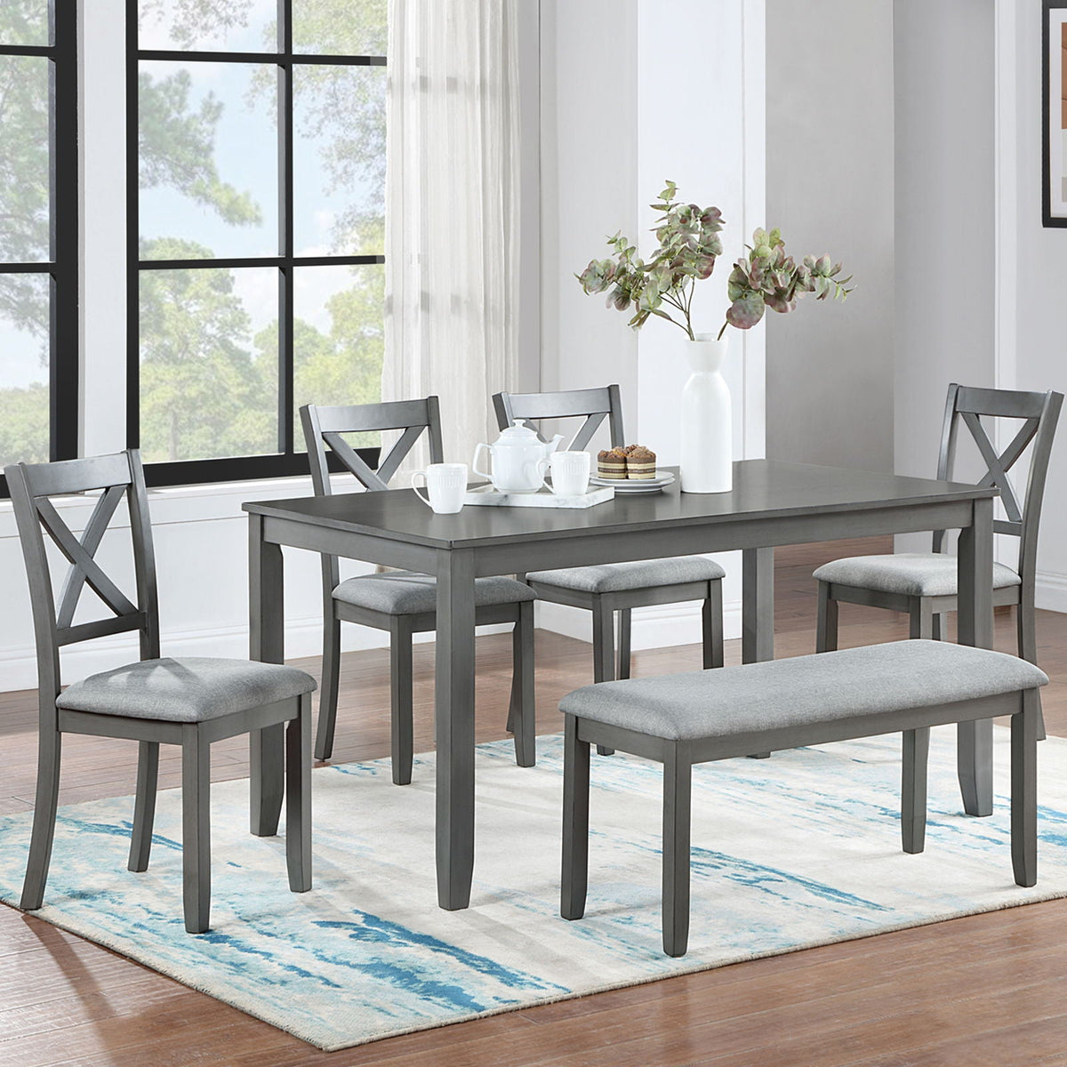 6 Pieces Kitchen Dining Set, Rectangular Wooden Dining Table With 4 Chairs And A Bench
