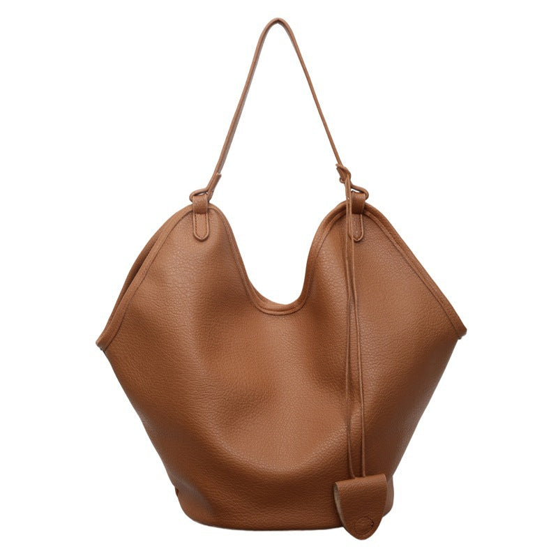 Women's Lychee-Grain PU Bucket Tote Bag – Vintage Minimalist Shoulder Bag