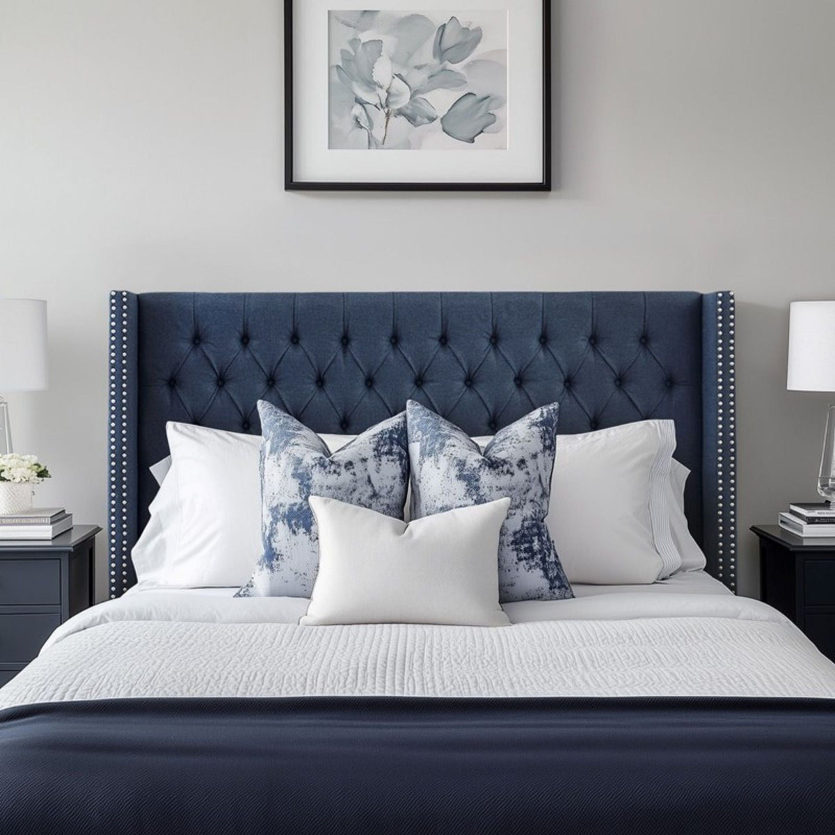 Transitional Upholstery Headboard With Tufted Buttons And Nailhead Trim