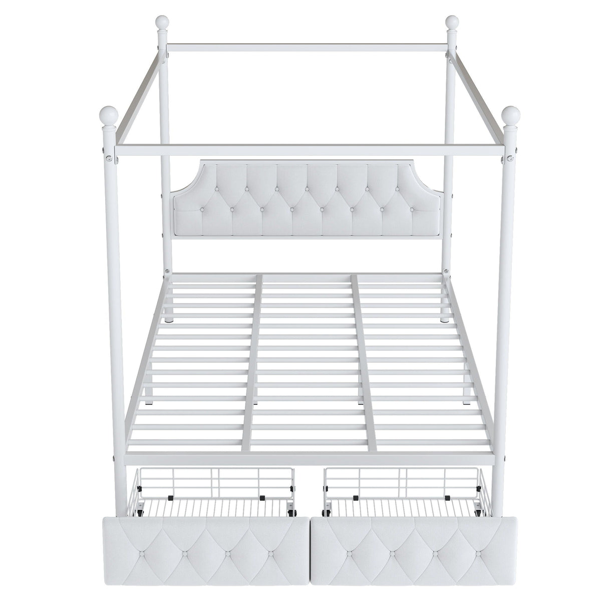 Queen Size Canopy Platform Bed With Upholstered Headboard And 2 Storage Drawers - White