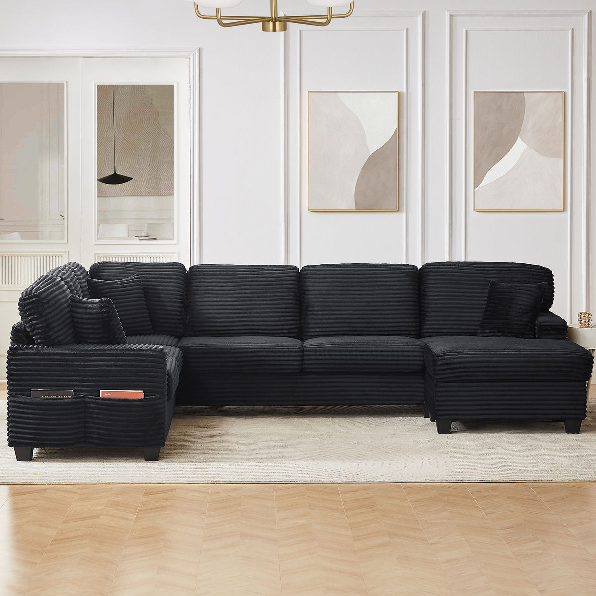 Upholstered U-Shaped Sectional Sofa With Movable Ottoman And Side Storage Pockets