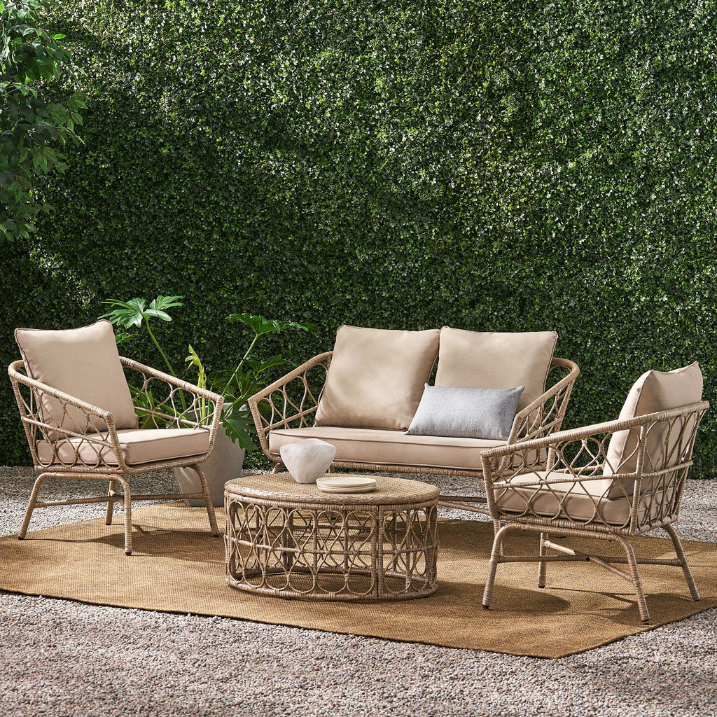Bruce Boho Inspired 4 Pieces Chat Set with Water Resistant Cushions - Brown
