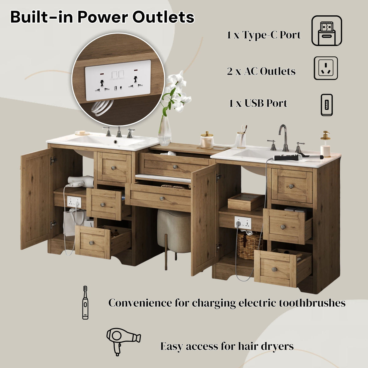 Double Sink Bathroom Vanity With Countertop, 2 Ceramic Sinks, 6 Drawers