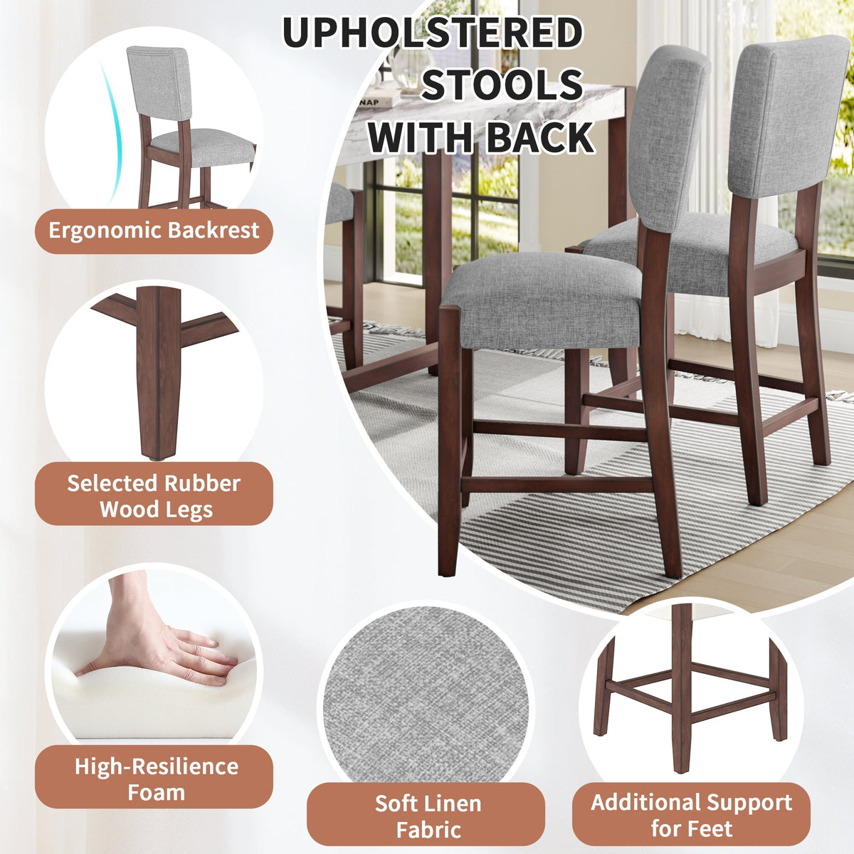 Set of 4 Mid-Century Modern Linen Upholstered Bar Stools