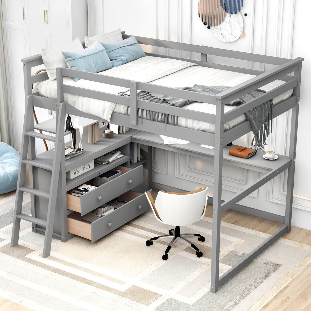 Modern Loft Bed With Built In Desk, Shelves, And 2 Drawers