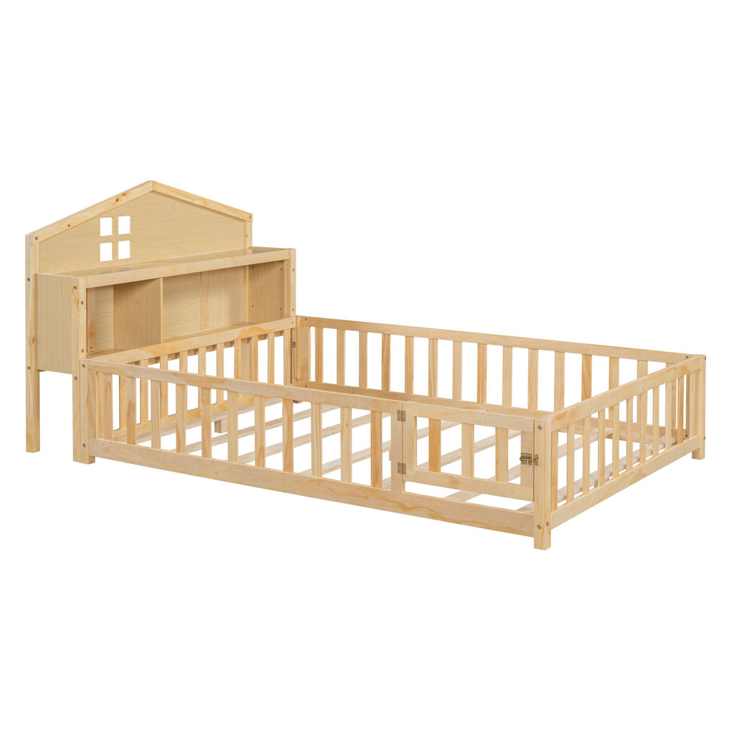 Full Size Montessori Floor Bed With Bookcases And boards, Solid Wood Platform Bed With Guard Rails And Storage Headboards - Natural