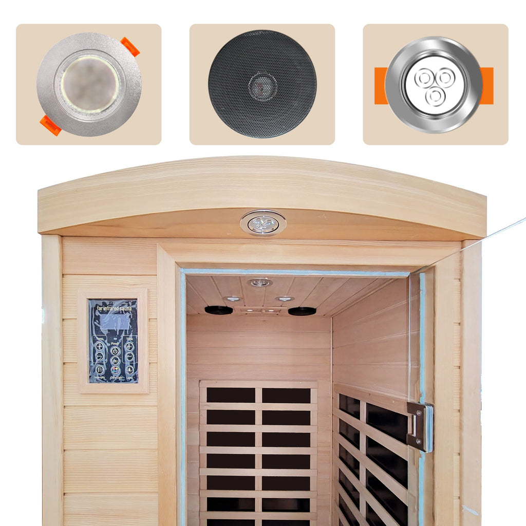 Low Emf Front Door With Heating Panel 1 People Hemlock Far Infrared Indoor Sauna Room - Natural