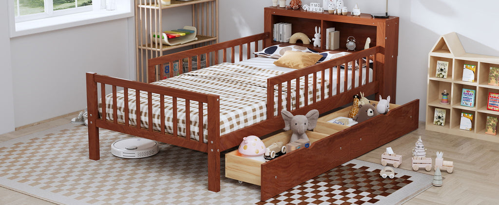 Bed With Headboard Storage Rack, 2 Under Bed Drawers, 3 Side Guardrails For Safety