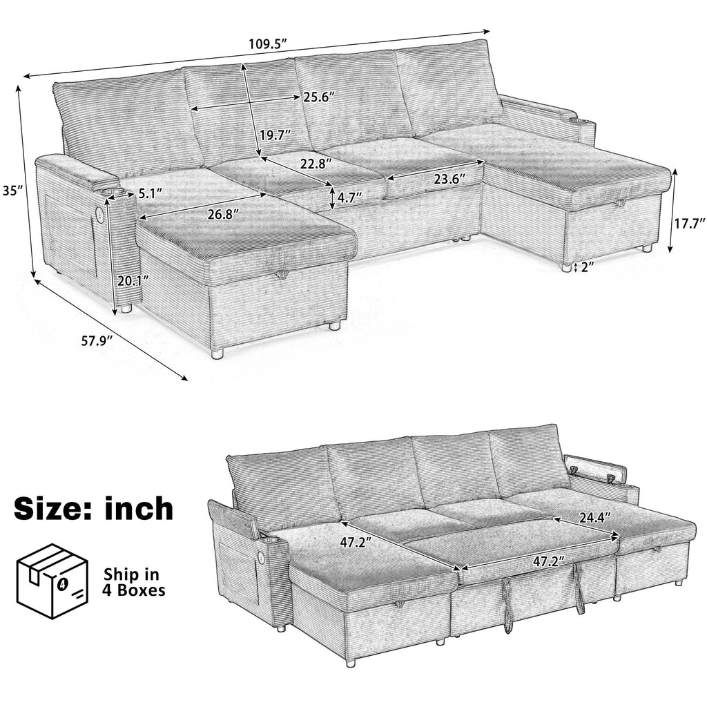 U Shaped Sectional Sofa Bed With Storage Chaise Lounges, USB Ports, And Cup Holders