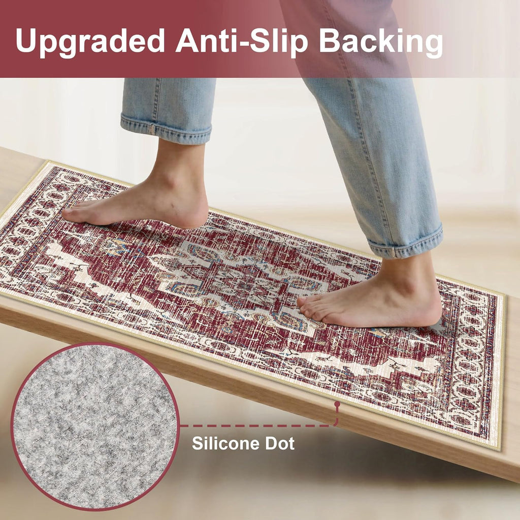 Non Slip Kitchen Rugs Sets of 3 Washable Kitchen Rug Boho Kitchen Mats for Floor Soft Kitchen Runner Rug Non Skid Kitchen Floor Carpet for Entryway Hallway Laundry Room, Brick Red