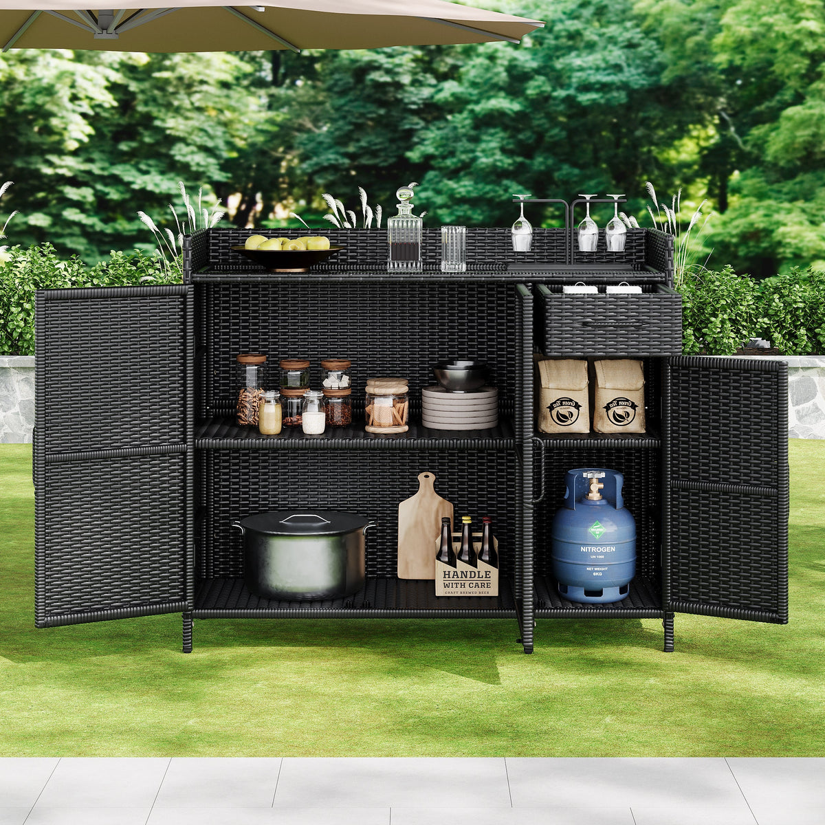 K&K 47.5"W Wicker Outdoor Storage Cabinet with Tempered Glass Top