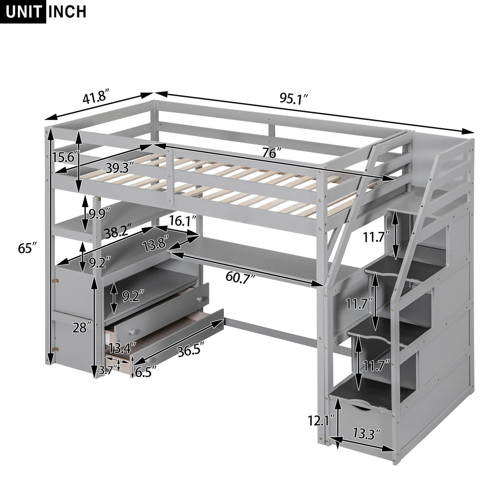 Loft Bed With Desk, Shelves, 2 Drawers, Storage Staircase