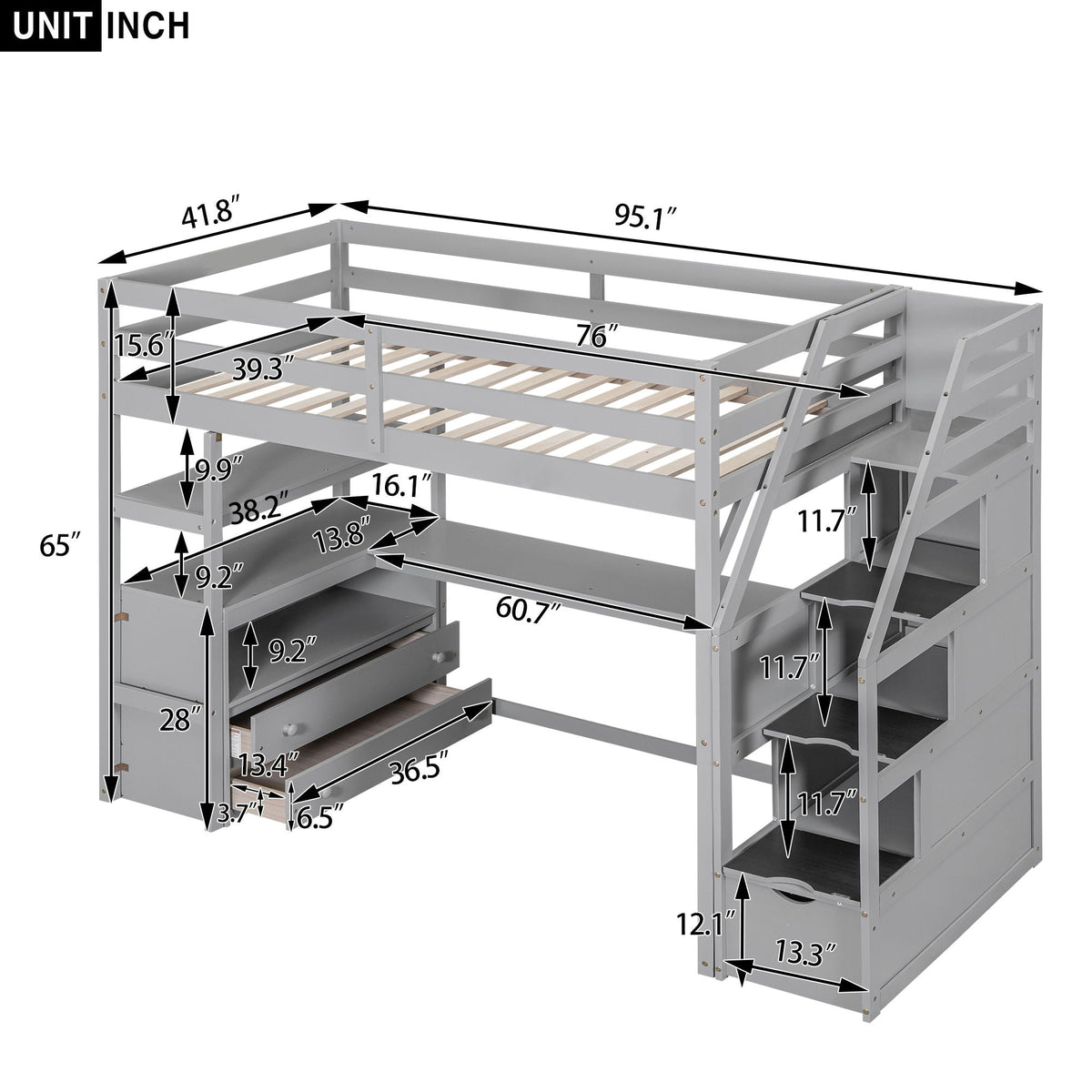 Loft Bed With Desk, Shelves, 2 Drawers, Storage Staircase