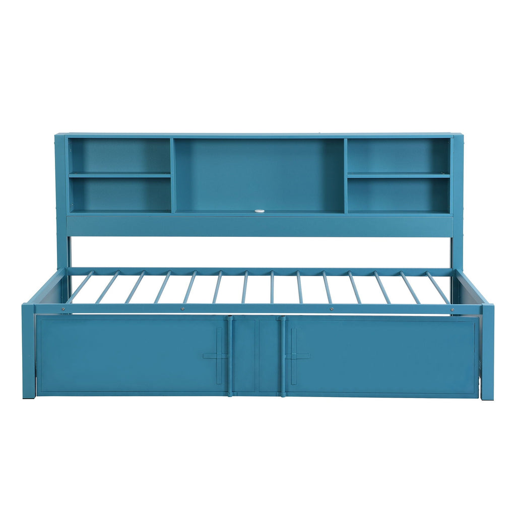 Industrial Metal Daybed With Trundle, Storage Shelves, USB Ports