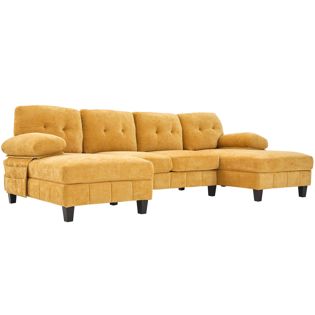 U-Shaped Sectional Sofa 103.5" Fabric Couch With Dual Chaise Lounges, Storage Pockets, Armrest Pillows