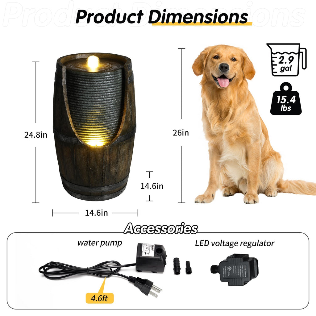Wooden Barrel Style Outdoor Water Fountain with Lights
