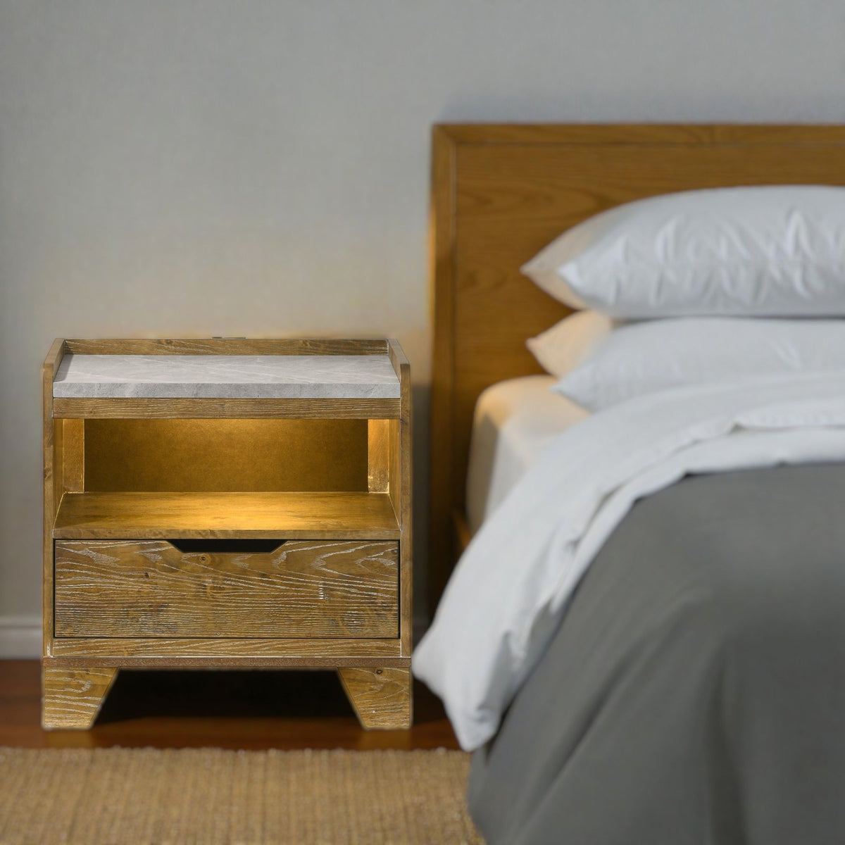Garcia - Nightstand With LED And USB Port - Light Brown