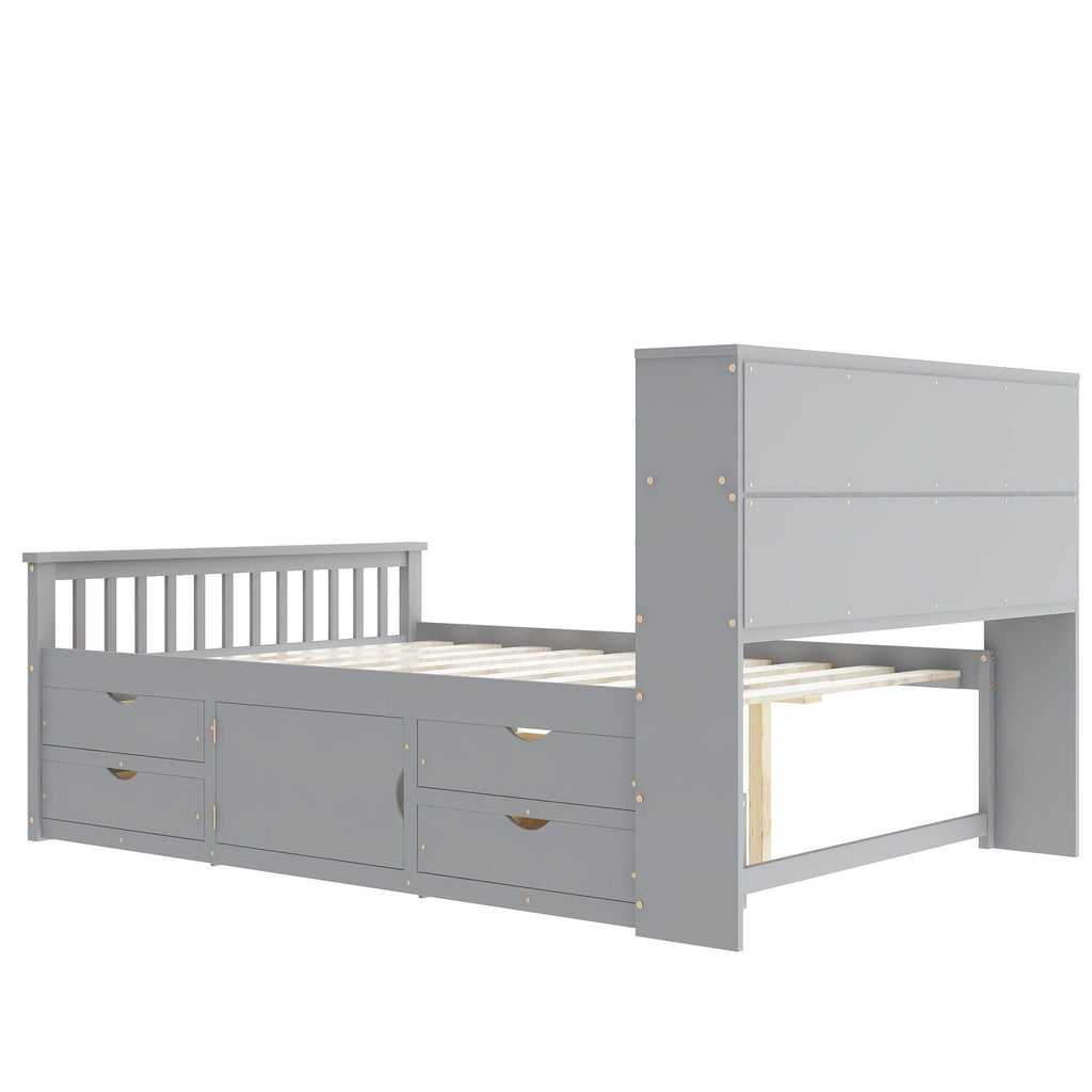 Captain Platform Bed Frame With Bookcase Headboard, 4 Drawers, Storage Shelves