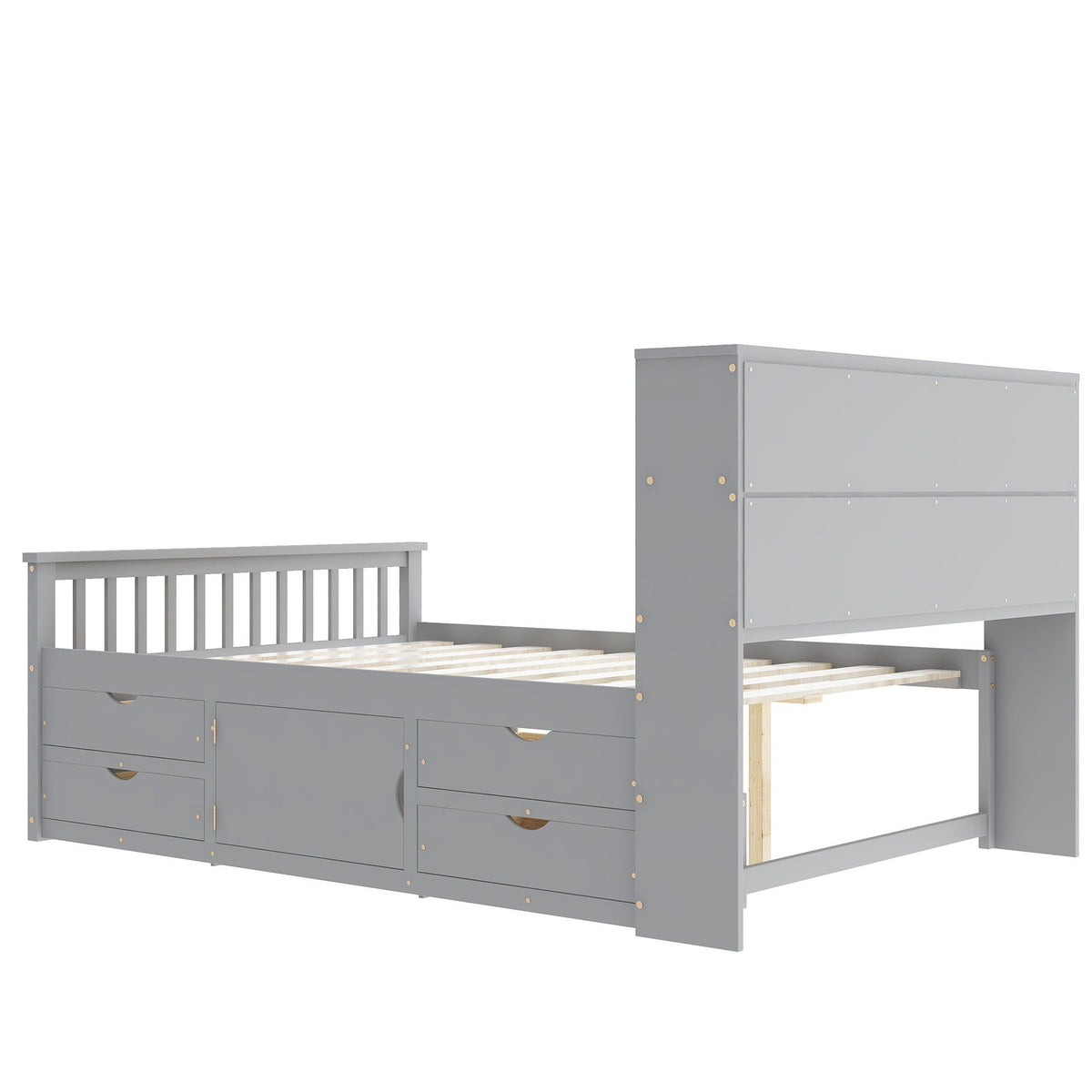 Captain Platform Bed Frame With Bookcase Headboard, 4 Drawers, Storage Shelves