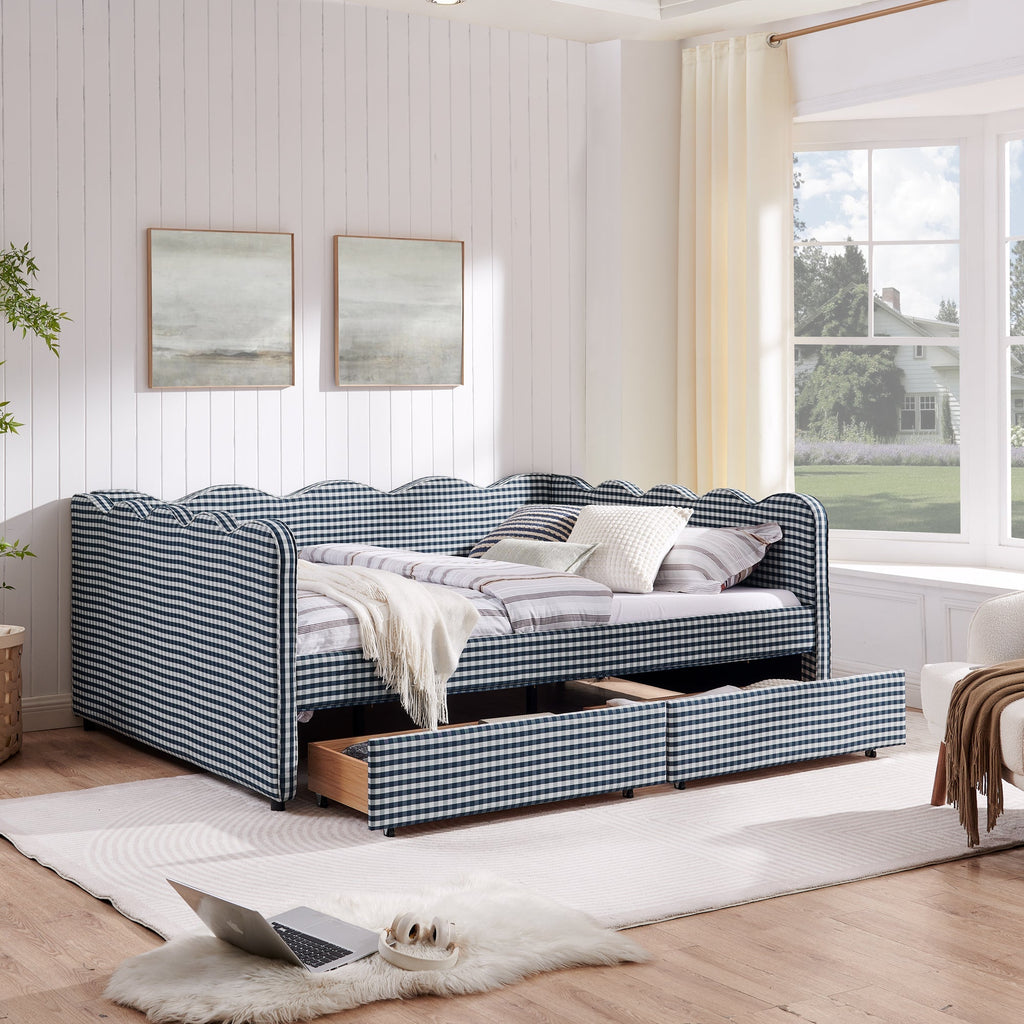 Queen Size Cozy Gingham Daybed with Two Storage Drawers and USB Port
