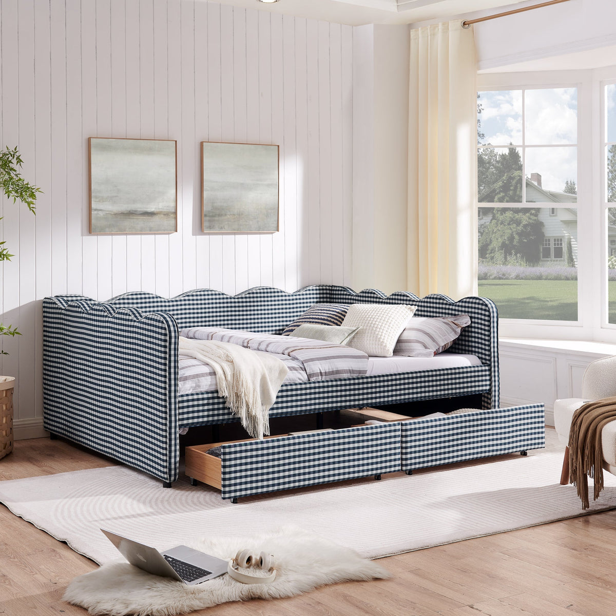 Queen Size Cozy Gingham Daybed with Two Storage Drawers and USB Port