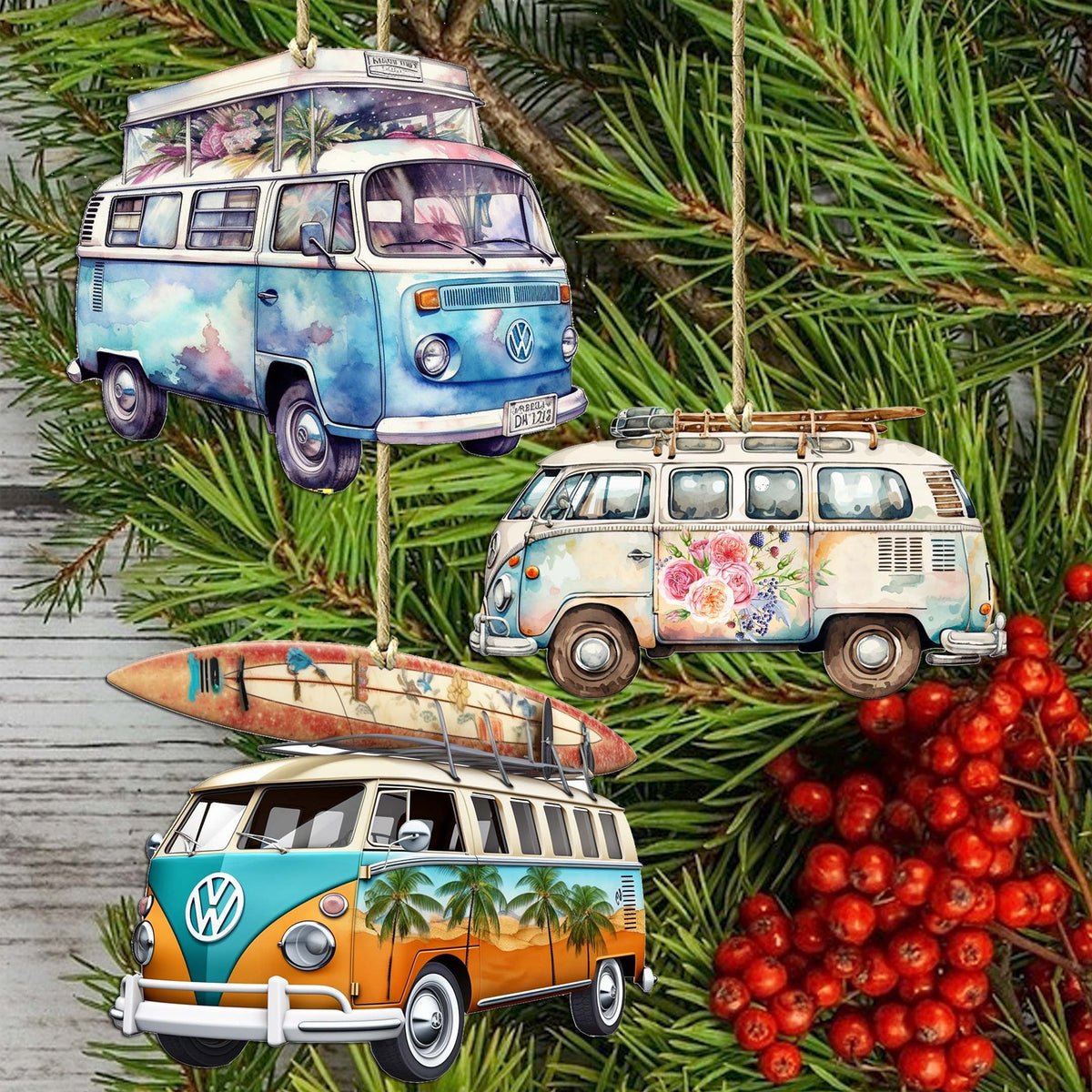 Surf Vans Decorative Eco Wood Ornaments Set of 3 by G. Debrekht - Coastal Decor - 8091040-S3