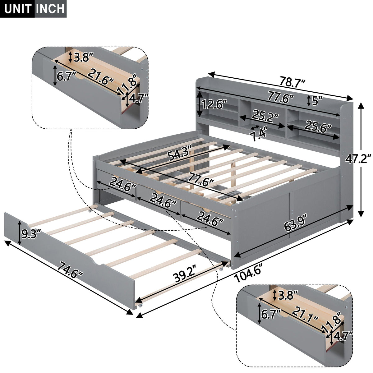 Captain Bed With Built In Bookshelves, 3 Storage Drawers, And Trundle