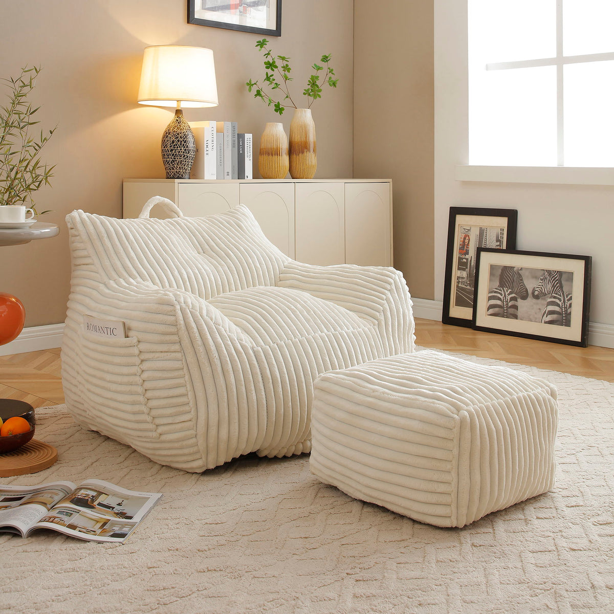 Giant Bean Bag Chair With Armrests And Footstool