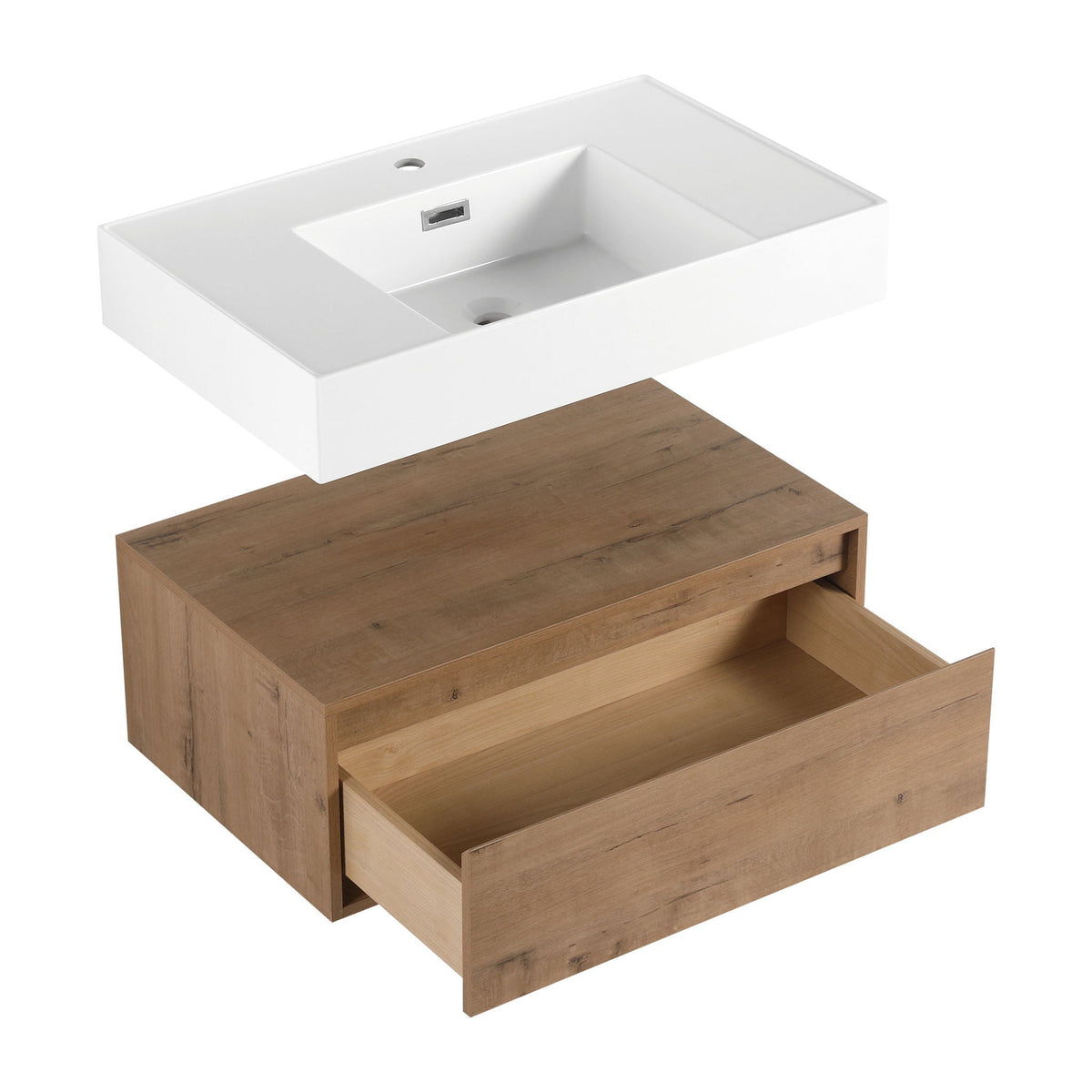 Modern Wall Mounted 30 Inch Bathroom Vanity With Resin Sink And 2 Side Cabinet In Imitative - Imitative Oak