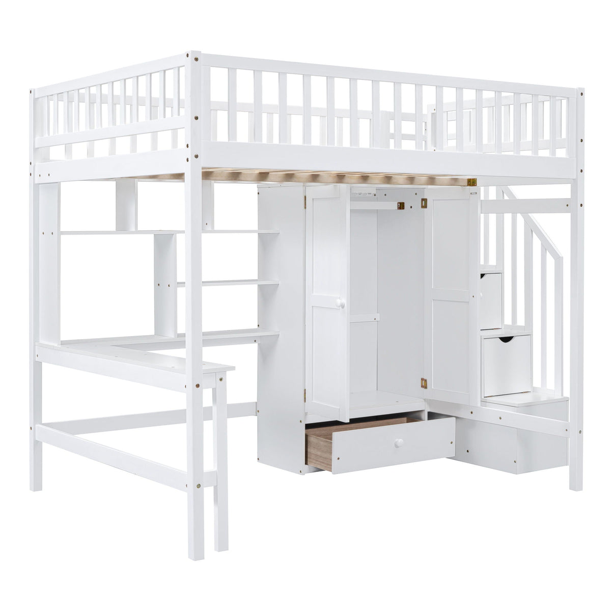 Loft Bed With Bookshelf, Drawers, Desk, And Wardrobe