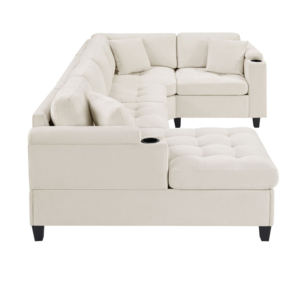 U Shaped Sectional Sofa, Corner Living Room Couch With Built In Cup Holders, Storage, USB Ports