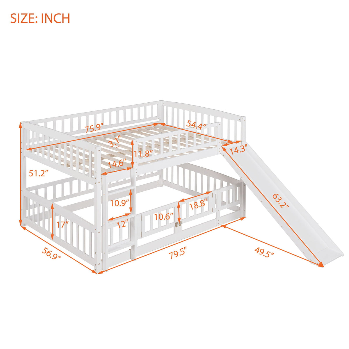 Low Bunk Bed With Slide, Fence And Ladder