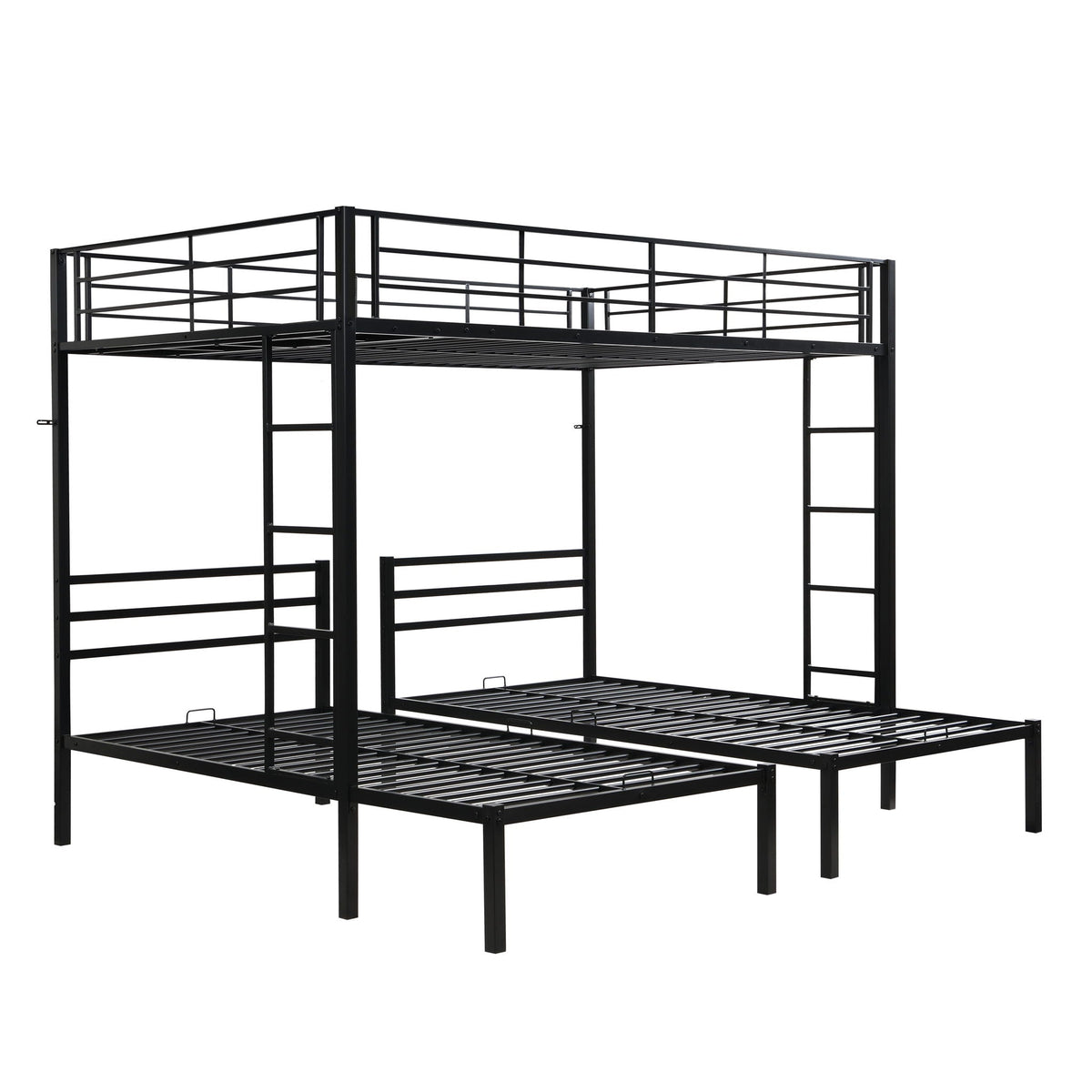 Modern Metal Triple Bunk Bed With Vertical Ladder, Safety Rail, And Storage Shelf - Black