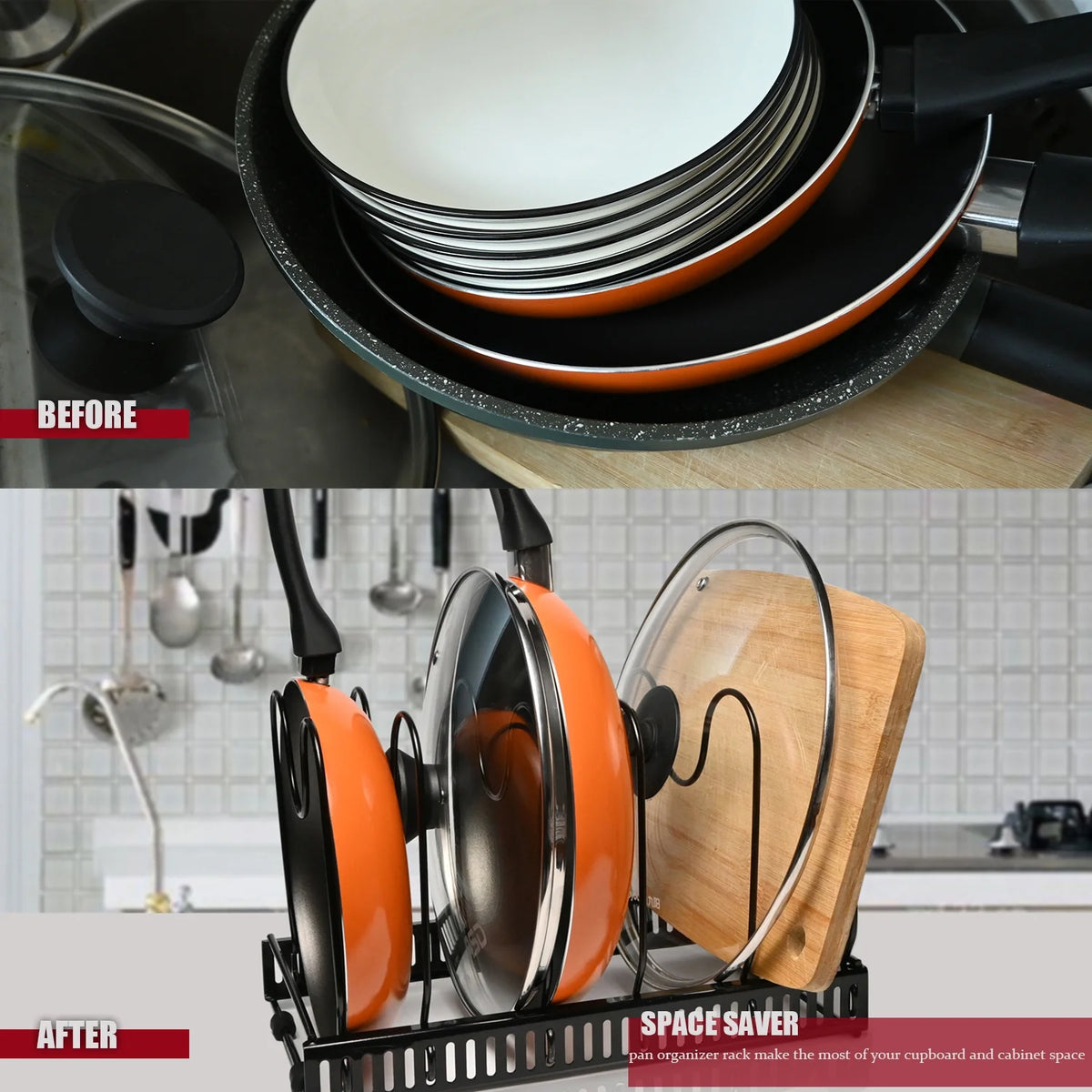 Expandable Pots and Pans Lid Organizer Rack, Cabinet Organizer with 10 Adjustable Compartment