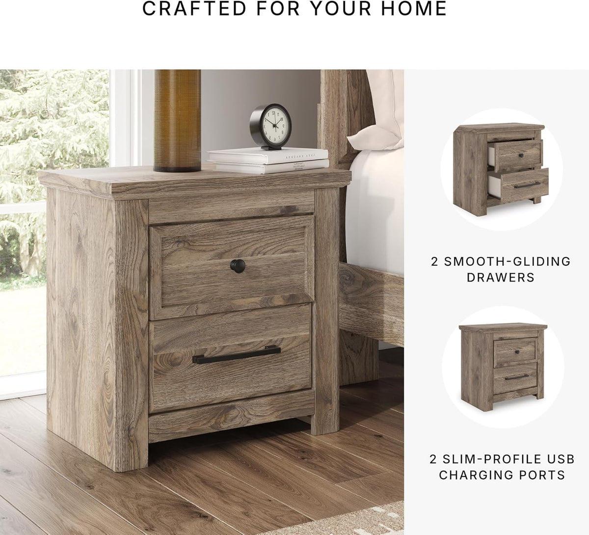 Signature Design by Ashley Stanziford Rustic 2-Drawer Nightstand with USB Port and Charging Station, Light Brown