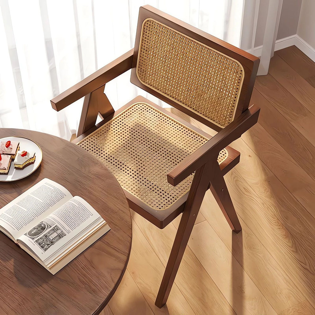 Modern Mid Century Dining Chairs (Set of 2), Rattan Accent Chairs, Comfy Armchairs, Outdoor Wood Chairs With Armrest - Walnut