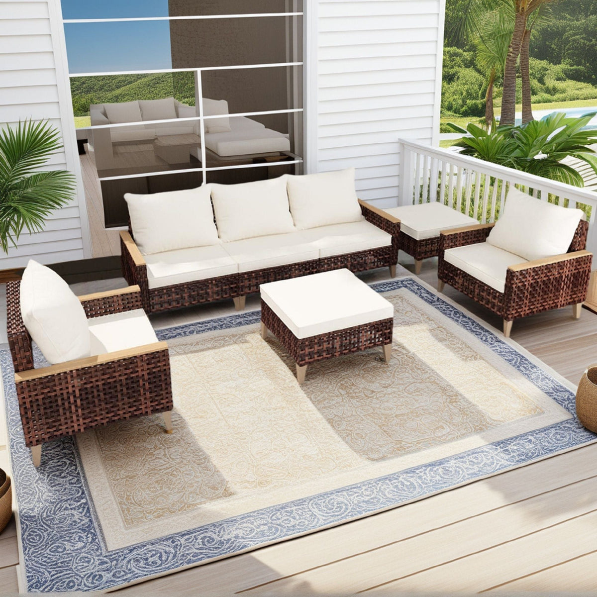 5 Piece Rattan Terrace Furniture Set, 7 Seats Cushions, High Footed Design