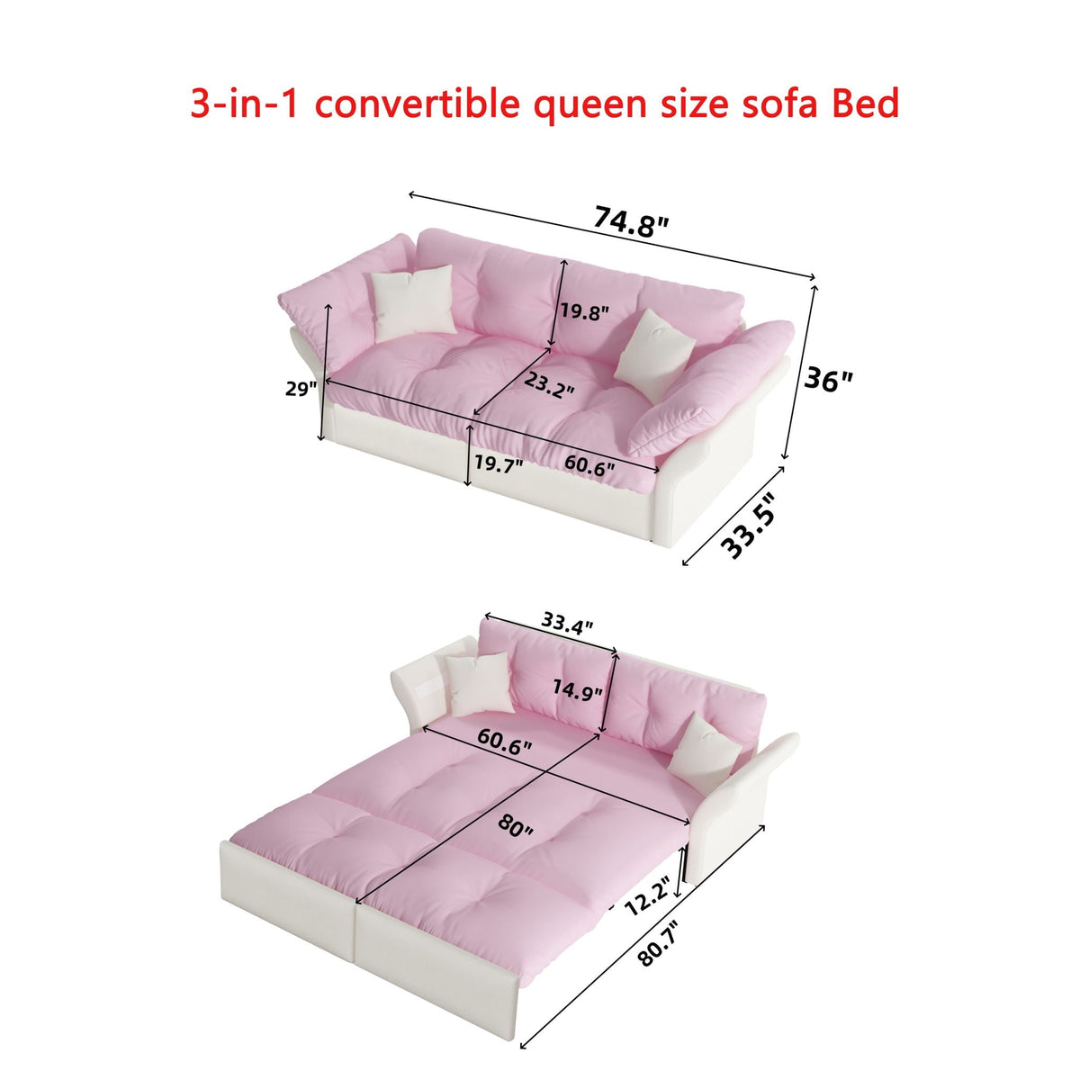 Queen Pull Out, 3 In 1 Convertible Sleeper Tufted Sofa & 2 Soft Pillows