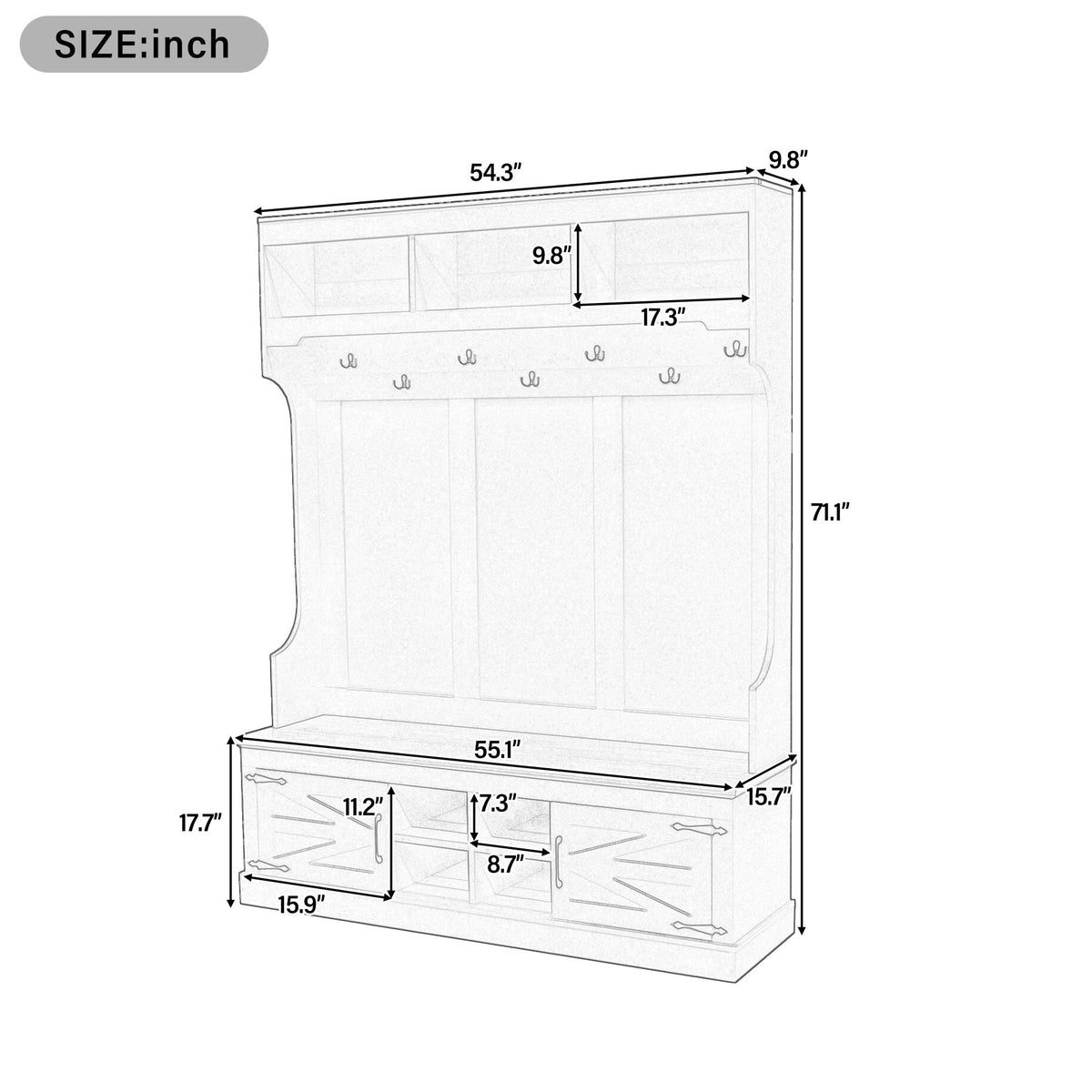 Hall Tree With Bench And Shoe Storage, 5 In 1 Entryway Organizer Cabinet With Coat Rack, 4 Shoe Cubbies & 7 Hooks - White