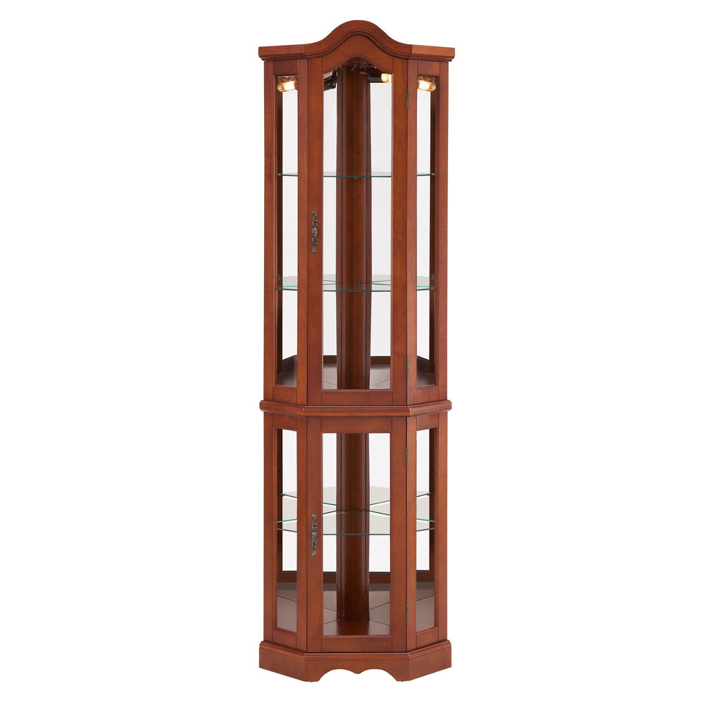 Corner Curio Cabinet With Lights, Adjustable Shelves, Mirrored Back - Walnut