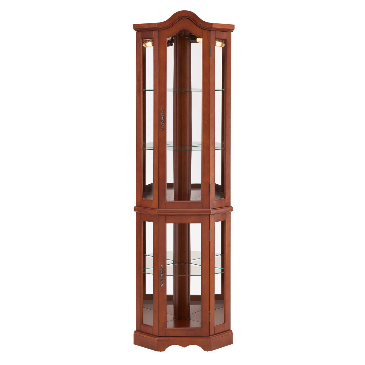 Corner Curio Cabinet With Lights, Adjustable Shelves, Mirrored Back - Walnut